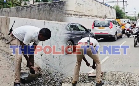 யூனிபார்மில் சாலையை சீரமைத்த கோவை போக்குவரத்து காவலருக்கு குவியும் பாராட்டுக்கள்