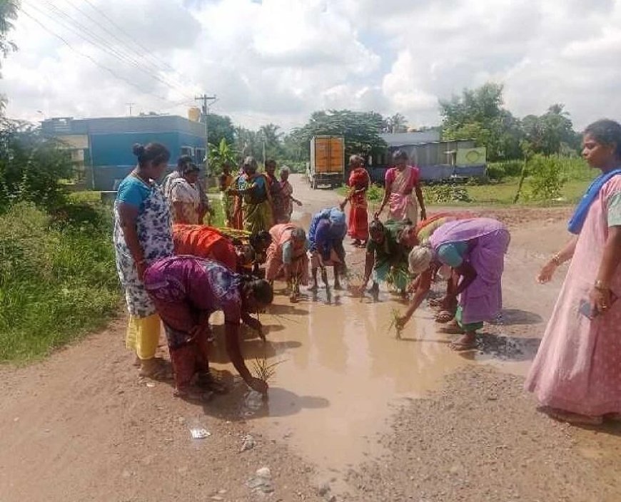 சாலையில் தேங்கிய சகதியால் நாற்று நடப்பு போராட்டம்